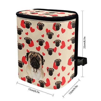Talayituse Pug Dog Pattern Car Trash Can, Portable Auto Garbage Bin Multifunctional Vehicle Interior Accessories with Adjustable Straps Universal Fit Truck SUV Sedan