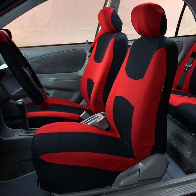 FH Group Flat Cloth Seat Covers Front Seat and Solid Rear Bench Full Set with Gift - Universal Fit for Cars, Trucks & SUVs (Red)