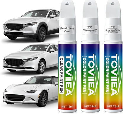 (25D)Snowflake White Pearl Mica Touch Up Paint Compatible with MAZDA,2-In-1 Car Scratch Remover Pen,Car Paint Scratch Repair Kit for Scratches,Chips & Nicks,3-PCS SET,Innovation Upgrade Version