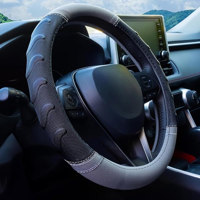 Grey Truck Steering Wheel Cover with Breathable Grip, Premium Faux Leather, Universal fit for Full Size Trucks and SUVs with Steering Wheel Size 15.5" to 16"