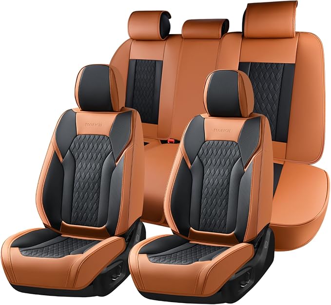 FLORICH Seat Covers, Car Seat Covers Full Set, Luxury Nappa Leather Seat Covers, Breathable and Waterproof Car Seat Protector 5 Seat, Automotive Seat Covers Universal Fit for Most Cars-Brown&Black