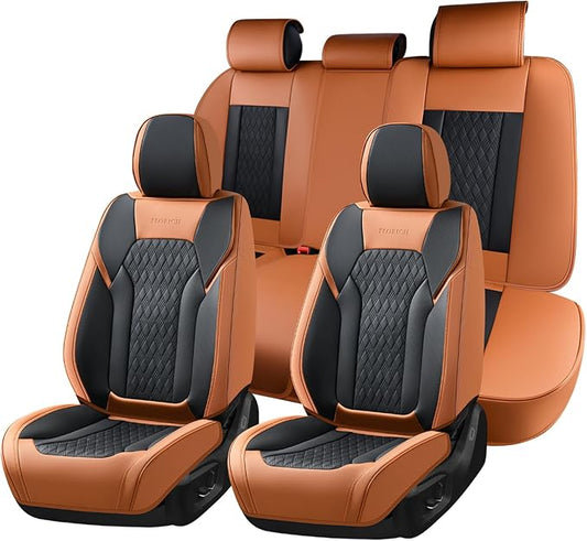 FLORICH Seat Covers, Car Seat Covers Full Set, Luxury Nappa Leather Seat Covers, Breathable and Waterproof Car Seat Protector 5 Seat, Automotive Seat Covers Universal Fit for Most Cars-Brown&Black