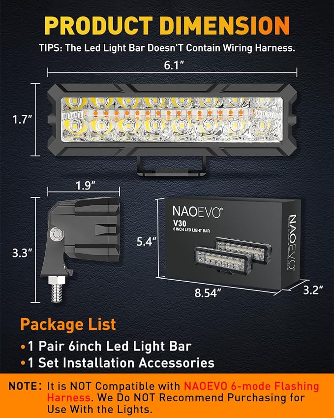 NAOEVO 6in LED Light Bar, 50W 4000LM LED Off Road/Fog/Driving Lights, Spot & Flood Combo for Trucks, Cars, Boat, ATV, UTV, 2 Pcs (White/Amber/White&Amber)
