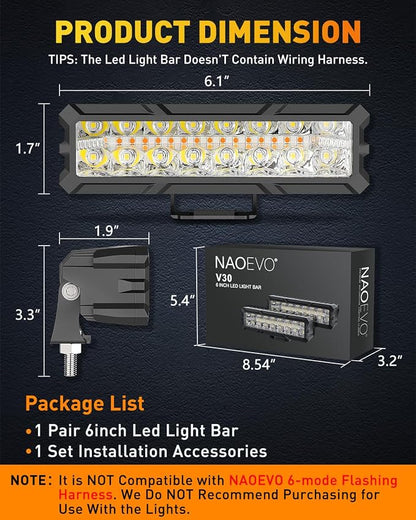 NAOEVO 6in LED Light Bar, 50W 4000LM LED Off Road/Fog/Driving Lights, Spot & Flood Combo for Trucks, Cars, Boat, ATV, UTV, 2 Pcs (White/Amber/White&Amber)