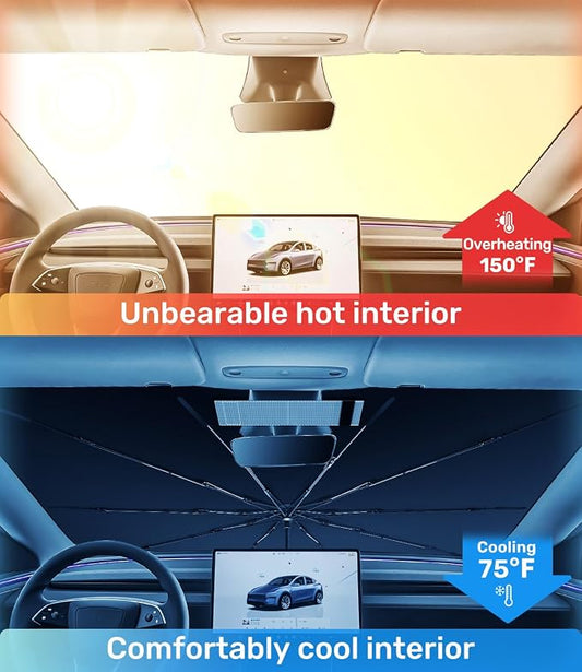 Zanch Upgrade Windshield Sun Shade, Custom Fit for Tesla Mode Y 2017-2026 [Titanium-Silver Reflective Coating] Blocks 99% UV & Heat, Sunshade Umbrella for Model Y 2017 ... 2024 2025 2026