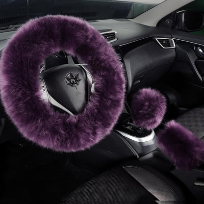 Fuzzy Genuine Sheepskin Steering Wheel Cover Set for Women Parents-Fluffy Soft Australian Merino Wool Wrap with Gear Shift and Hand Brake Covers, Cozy Stylish Luxury Car Accessories (Lavender Purple)