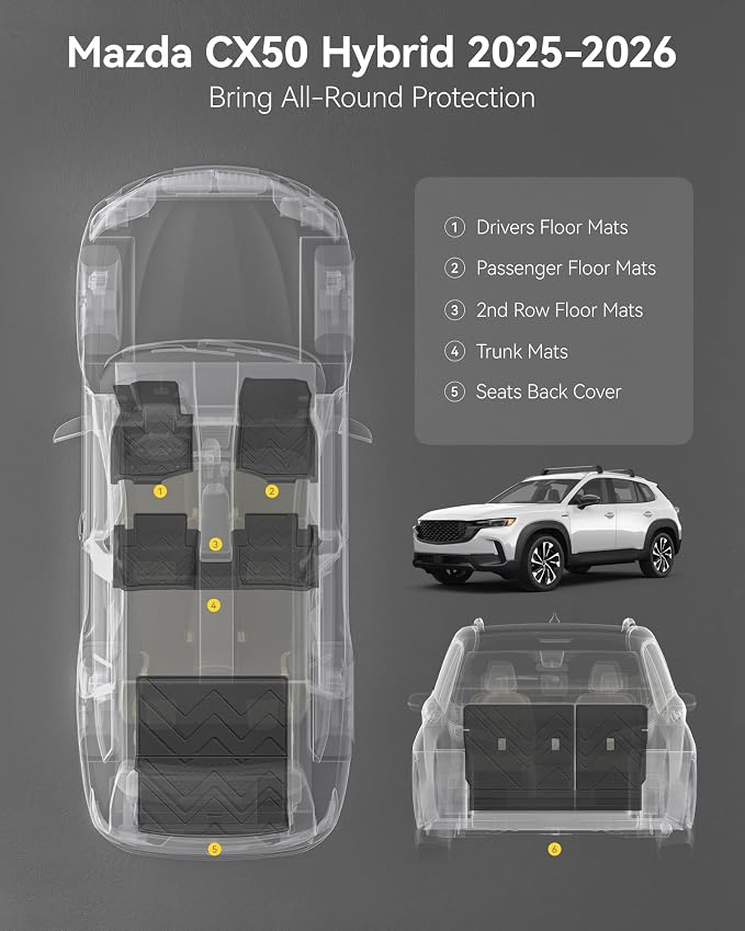3W Mazda CX-50 Hybrid Floor Mats & Trunk Mat & Seatback Protector 2025 2026 CX50 Accessories, TPE All Weather Cargo Liner Full Set