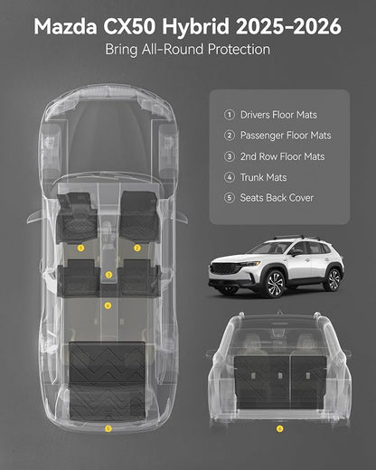 3W Mazda CX-50 Hybrid Floor Mats & Trunk Mat & Seatback Protector 2025 2026 CX50 Accessories, TPE All Weather Cargo Liner Full Set
