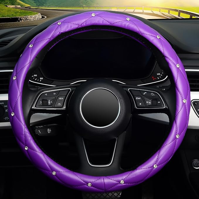 KAFEEK Diamond Soft Leather Steering Wheel Cover with Bling Bling Crystal Rhinestones, Universal 15 inch, Purple