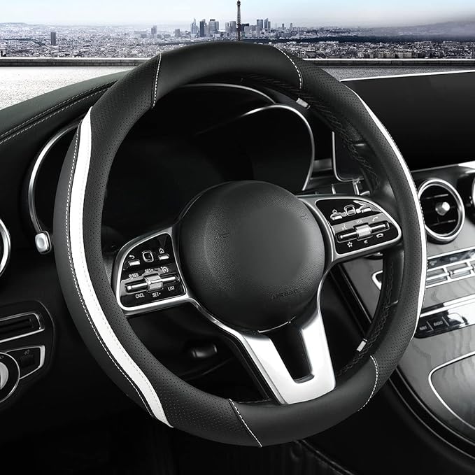 Car Steering Wheel Cover, Leather Steering Wheel Cover White Universal 14.5-15 Inch Microfiber Leather Anti-Slip Breathable Auto Steering Wheel Covers for Men Women(Black & White)