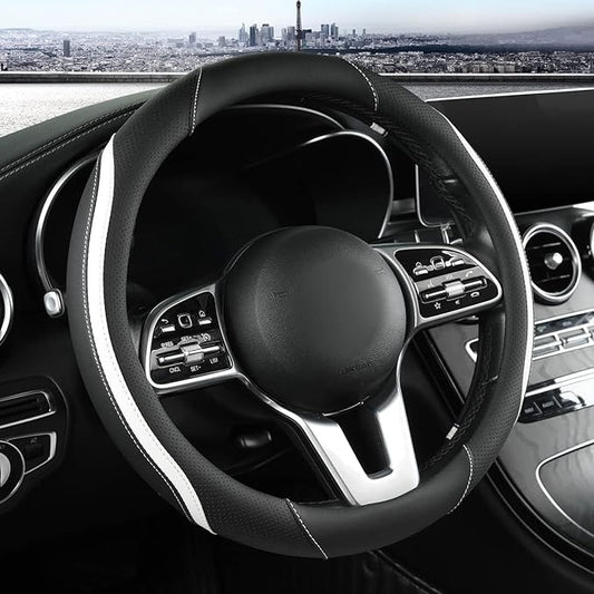 Car Steering Wheel Cover, Leather Steering Wheel Cover White Universal 14.5-15 Inch Microfiber Leather Anti-Slip Breathable Auto Steering Wheel Covers for Men Women(Black & White)