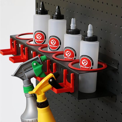 2 Pack Wall Mount Spray Bottle Holder Rack, 10-Hole Garage Organizer with Hooks for Car Detailing, Cleaning Supplies, Beauty Salon Tools - Heavy Duty Metal, Includes Mounting Hardware