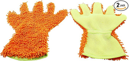BokWin 2-Pack Car Wash Mitt Scratch Free, 5-Finger Microfiber Wash Mitts, Car Interior Exterior Cleaning Gloves, Auto Chenille Washing Sponge Kits for Cleaning Wheel Tight Spot(Orange)