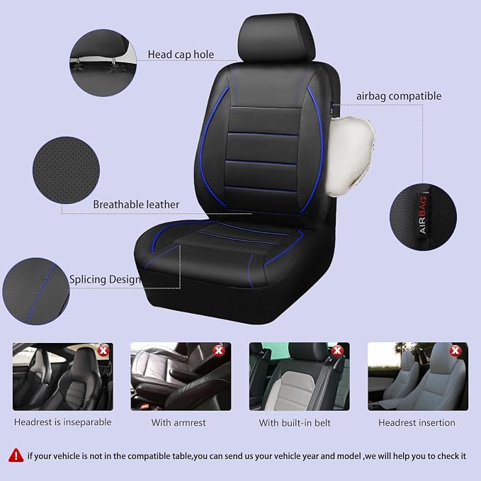 CAR PASS Universal FIT Piping Leather Car Seat Cover, for suvs,Van,Trucks,Airbag Compatible,Inside Zipper Design and Reserved Opening Holes (Full Set, Black and Blue)