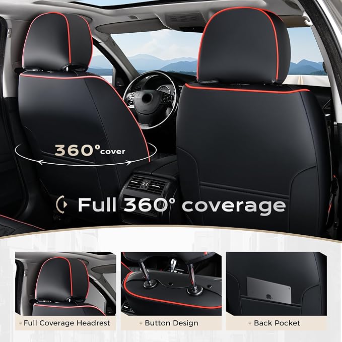 Coverado Front Seat Covers, Wear-Resistant Stain-Proof Cushions, Universal Fit for Most Vehicles, Waterproof Car Seat Protectors, Automotive Seat Covers-Red & Black Line Design