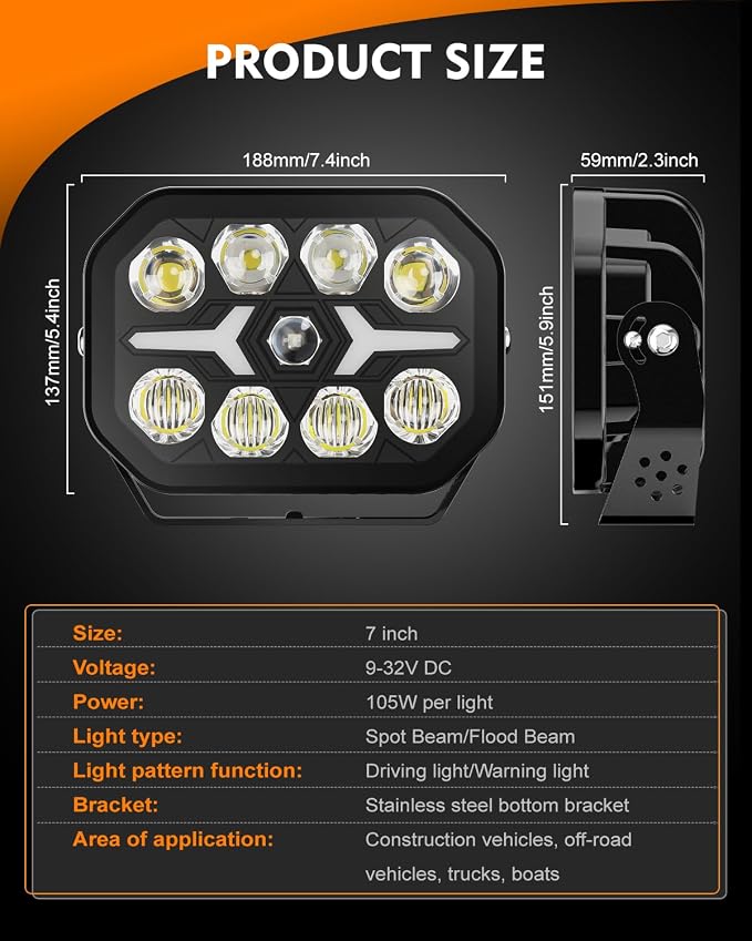 BraveWAY 2PCS 5x7IN LED Driving Lights 210W 45000LM LED Offroad Lights with White Amber DRL Spot Flood Combo Beam Light Pods Long Distance Output Work Light for Truck, 4WD, ATV, UTV, Pickup,Tractor