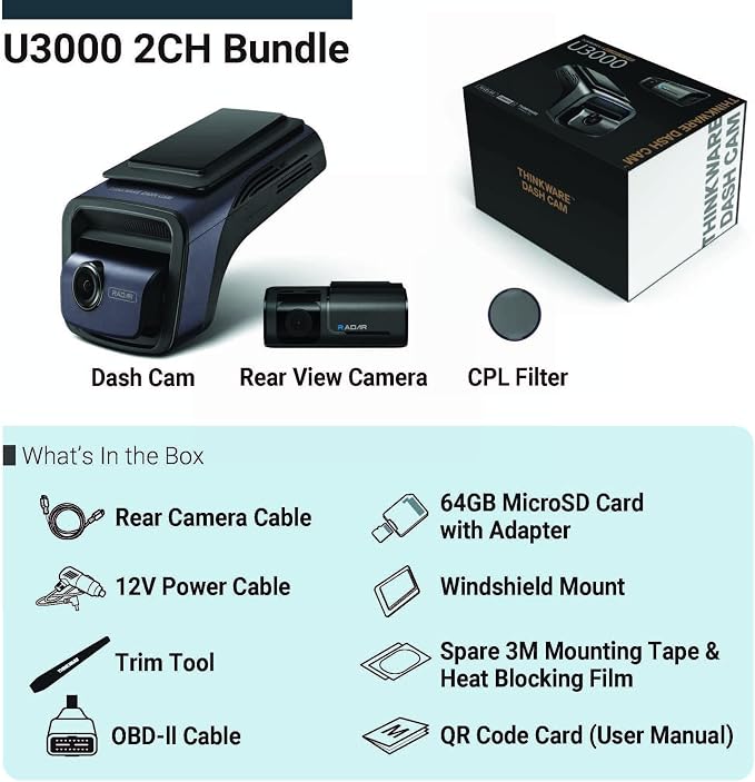 THINKWARE U3000 4K Dash Cam Front and Rear 2CH STARVIS 2 Sensor Super Night Vision Dashcam for Car Camera 5GHZ WiFi GPS Radar Buffered Parking Mode CPL Filter Red Light Speed Camera Alerts OBD Cable