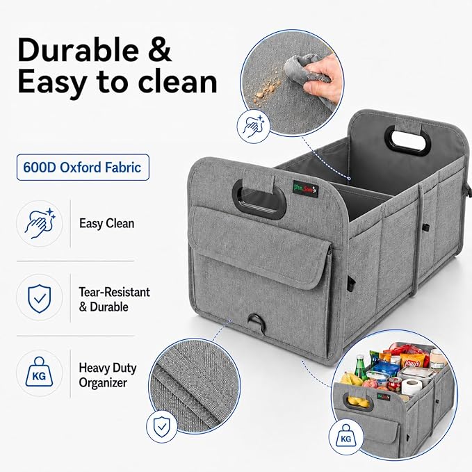 PAT SAM'S Trunk Organizer for SUV, Collapsible Car Trunk Organizer with Dividers, Waterproof 600D Oxford, Non-Slip Storage Organizer for Groceries, Tools, Travel, Truck & Car (Grey)