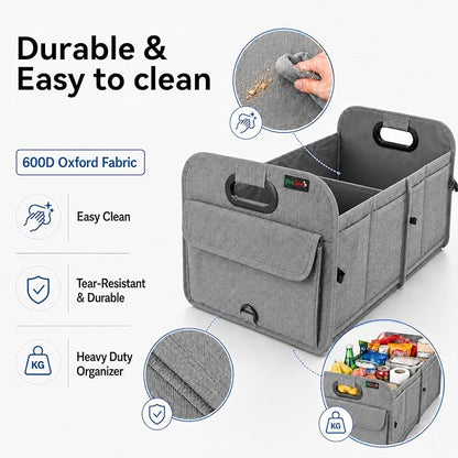PAT SAM'S Trunk Organizer for SUV, Collapsible Car Trunk Organizer with Dividers, Waterproof 600D Oxford, Non-Slip Storage Organizer for Groceries, Tools, Travel, Truck & Car (Grey)
