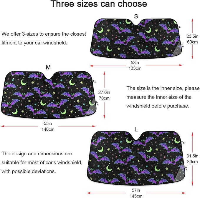 Neon Bats Moons Stars Windshield Sun Shade for Car Auto SUV Truck Foldable Front Window Sunshade Sun Visor Protector Block UV Rays Reflect Heat, 55" x 28"