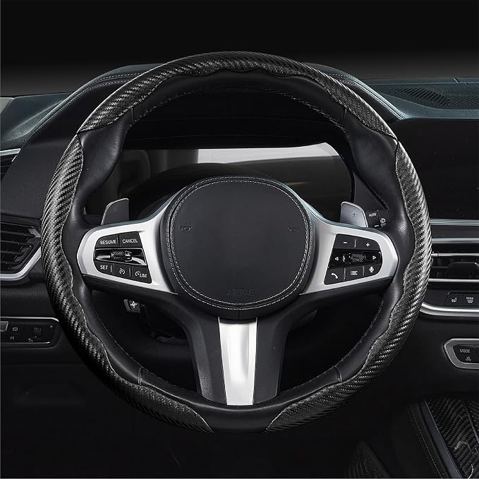 Steering Wheel Cover Carbon Fiber Car Steering Wheel Cover Accessories 14.5-15 inch Universal (Black)