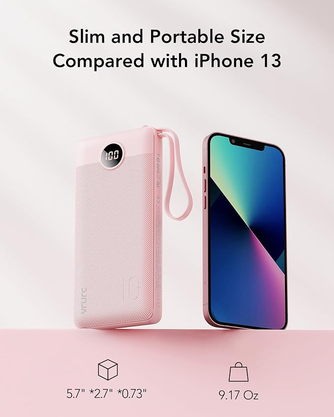 VRURC Portable Charger Power Bank, Built-in 4 Cables & 2 Ports,10000mAh Slim Battery Pack with LED Display, Travel Essential USB C Portable Phone Charger for All Cell Phones Devices-Pink(1 Pack)