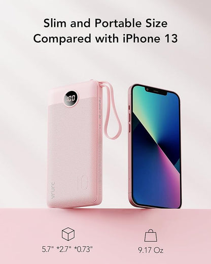 VRURC Portable Charger Power Bank, Built-in 4 Cables & 2 Ports,10000mAh Slim Battery Pack with LED Display, Travel Essential USB C Portable Phone Charger for All Cell Phones Devices-Pink(1 Pack)
