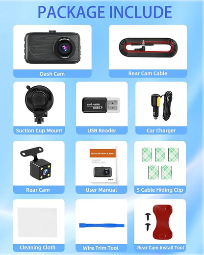 Dash Cam Front and Rear, Biuone 1080P FHD Dash Camera for Cars, 3" IPS Display Full HD170° Wide Angle Car Dash Cam with Night Vision, G-Sensor, Loop Recording, Parking Monitor, Motion Detection,WDR