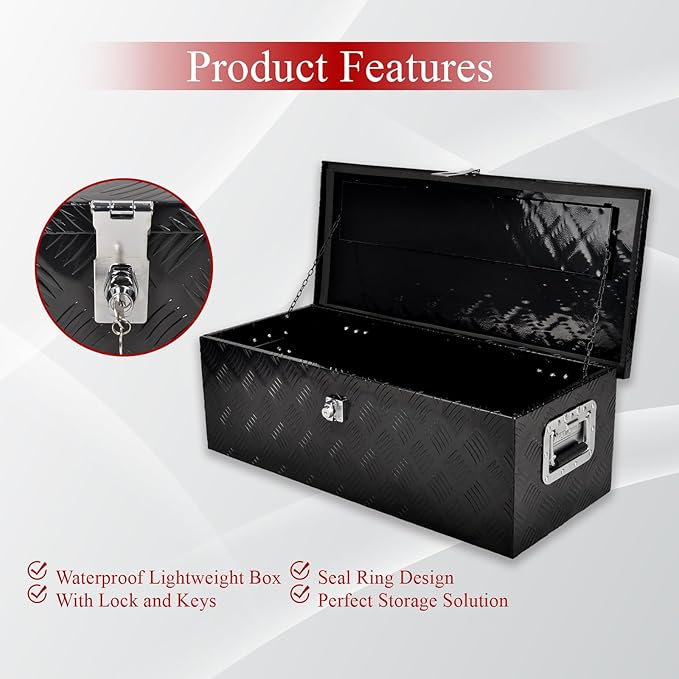 30''Inch Aluminum Truck Tool Box Truck Bed Toolbox Truck Trailer Chest Box Underbody Storage Organizer Waterproof Square Storage Organizer w/Side Handle Lock & Keys Black(‎30" Lx13 Wx10 H)