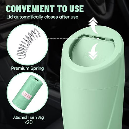 Car Trash Can Bin with Lid - Car Garbage Can Cup Holder - Green Mini Leakproof Vehicle Trash Garbage Can Bin with 20pcs Trash Bags-Car Organizers and Storage for Front Back Seat Accessories