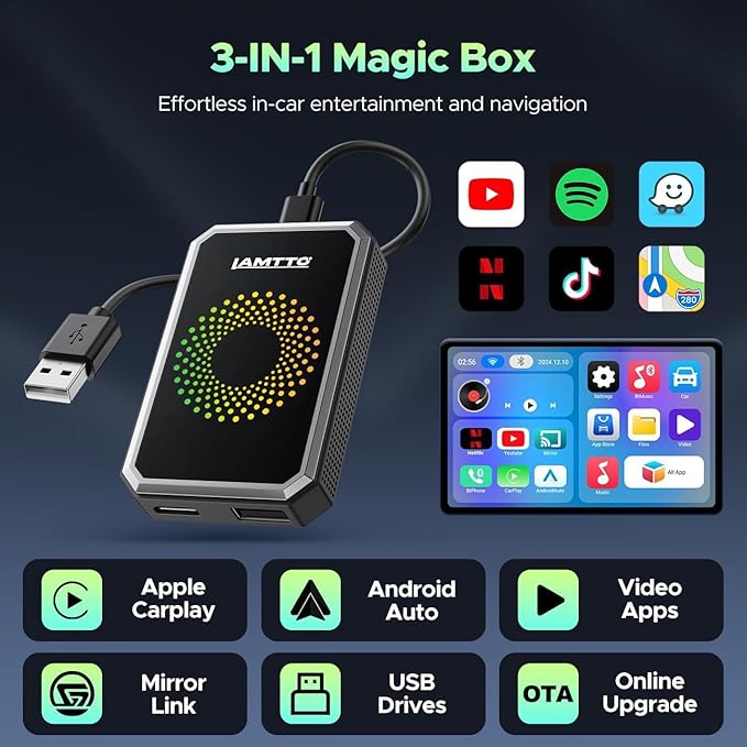 LAMTTO 3-in-1 Magic Video Box for Streaming Netflix/YouTube/TikTok, Wireless Carplay Adapter Dongle with USB Drive for OEM Wired Apple Car Play and Android Auto Cars