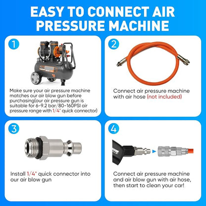 MYPIN Aluminium Car Cleaning Gun with Tapered Nozzle, 6-9.2Bar with 2 Set Nozzle, Pressure Air Blower Blow Gun Producing Powerful Blast of Air for Cleaning Cars, Velvet, Furniture and Carpets