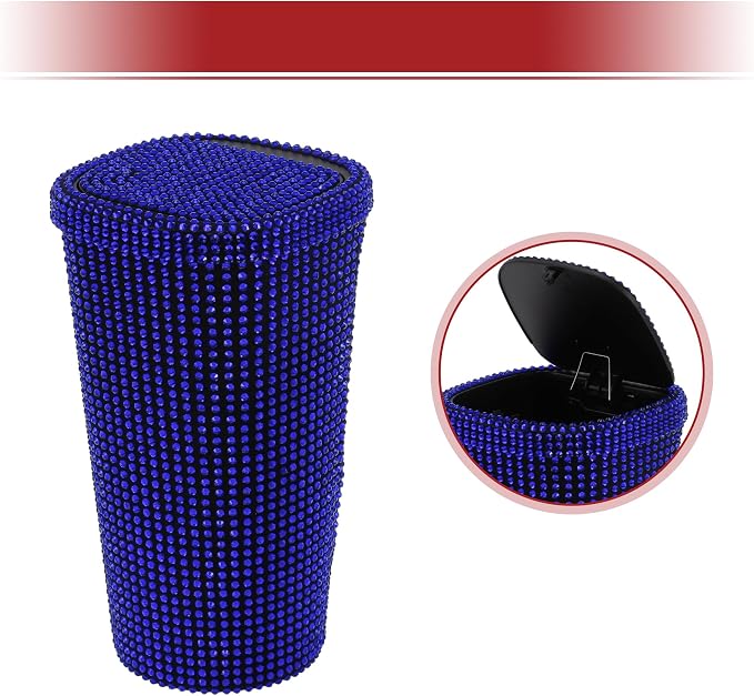 ACROPIX Car Trash Can Trash Bin Rhinestones Portable 3.5" Length 3.5" Width 6.3" Height Blue Rhinestone Plastic