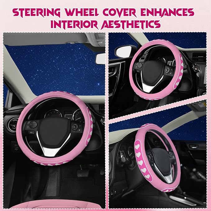 Ventilated Heart-Shaped Steering Wheel Cover with Anti-Slip Leather Grip. Compatible with Ford, Toyota, Honda, Nissan, and Chevrolet Vehicles for 14.5-15.2 inch Round Steering Wheels.