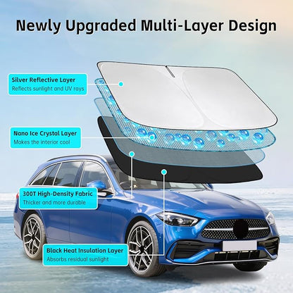 Windshield Sun Shade for Mercedes Benz C-Class W205 C250 C300 C400 2008-2026 Sunshade 300T Windshield Cover Sun Shield Blocks UV Rays Custom Fit Front Window Shade Foldable Keep Cool