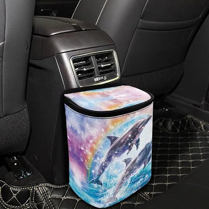 Talayituse Dolphin Rainbow Print Car Trash Can, Portable Auto Garbage Bin Multifunctional Vehicle Interior Accessories with Adjustable Straps Universal Fit Truck SUV Sedan