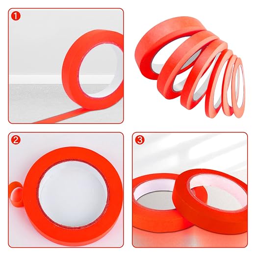 6 Rolls Fine Line Tape 1/16, 1/8, 1/5, 2/5, 1/2, 3/4 Inch x 55 Yard Fineline Masking Tape Painter Adhesive Automotive for DIY Car Auto Paint (Red, Mixed Sizes)