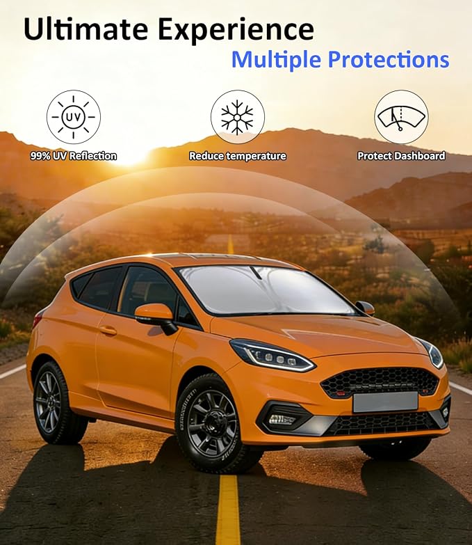 Windshield Sun Shade for 2017-2023 Ford Fiesta, Car Front Window Shade & Heat Shield Accessories | 240T Sunshade Sun Visor Protector Blocks UV Rays & Keeps Car Cooler