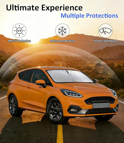 Windshield Sun Shade for 2017-2023 Ford Fiesta, Car Front Window Shade & Heat Shield Accessories | 240T Sunshade Sun Visor Protector Blocks UV Rays & Keeps Car Cooler