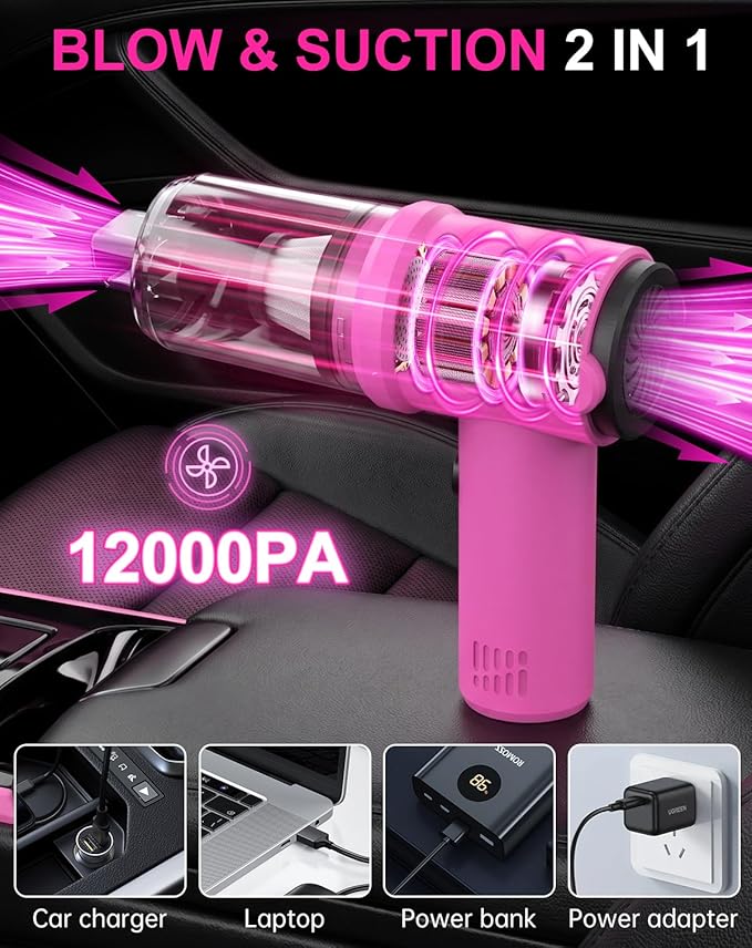 ThinkLearn 27pcs Car Cleaning Kit, 4-in-1 12000Pa Cordless Mini Handheld Vacuum Cleaner & Air Duster, Portable Pink Car Detailing Kit with Interior Accessories for Car, Home, Office, Gift for Women