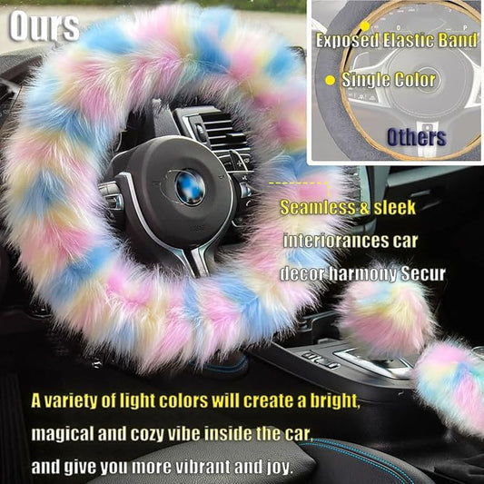 Rainbow Colorful Fluffy Steering Wheel Cover, Girly Long Fuzzy Furry Wool Sheepskin Fur Car Wheel Protector with Light Pink Soft Warm Handbrake Cover Gear Shift Cover for Women/Girl/Ladies 14.5-15"