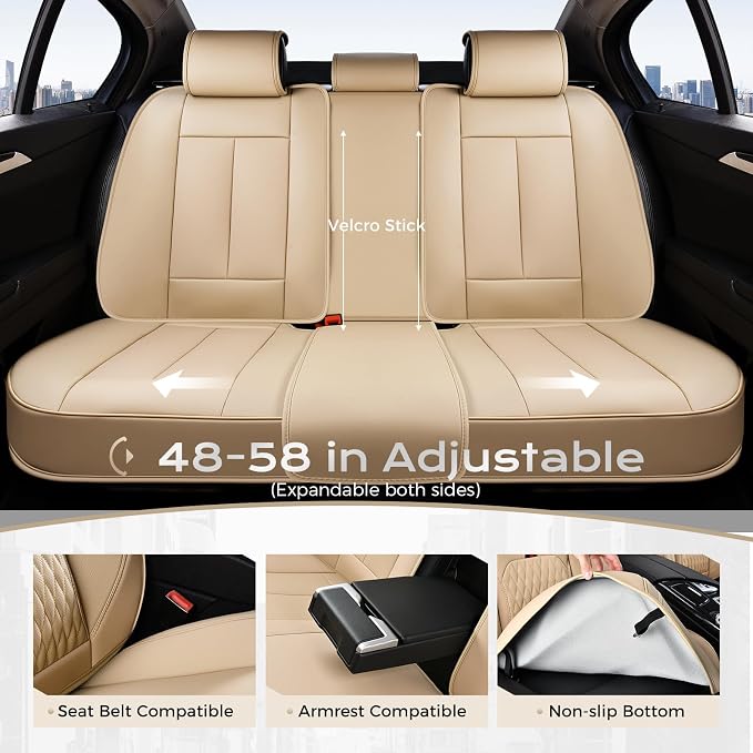 Coverado Seat Covers for Cars, 5 Seat Waterproof Seat Cover with Lumbar Support, Front and Rear Seat Covers, Luxury Leather Car Seat Protectors, Car Seat Cushions Universal Fit for Most Cars (Beige)