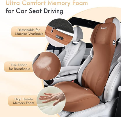 FLORICH Memory Foam Seat Cushion for Car and Lumbar Support Headrest Pillow Ergonomic Car Seat Back Support Neck Pillow for Driving Truck Driver Seat Cushion Lumbar Pillows for Back Pain Relief, Brown