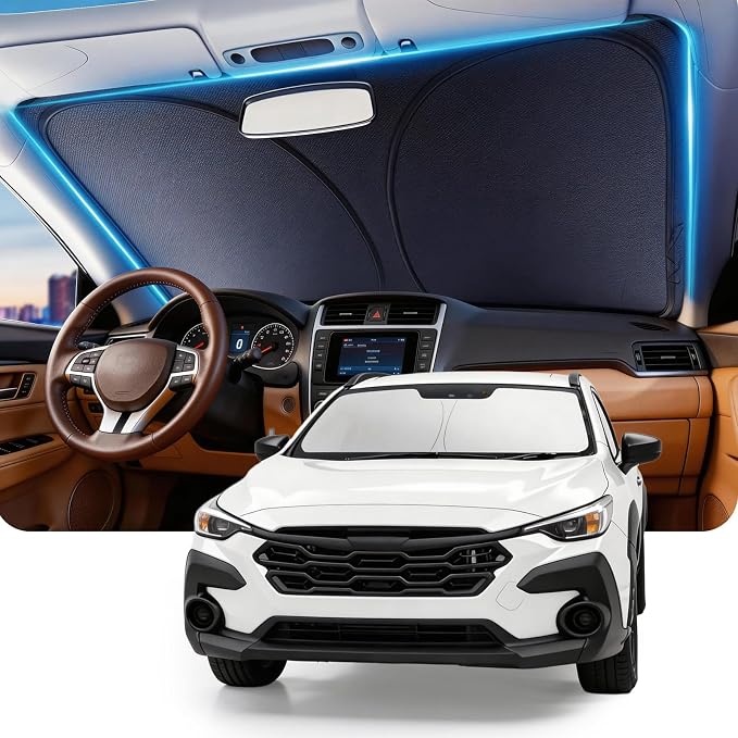 DMJN Front Windshield Sun Shade for Su-baru Crosstrek (2018-2026), [Nano Ice-Crystal Coatings] UPF50+ Heat & UV Block, Protect Car Interior & Keep Cool, Flodable Steel-Ring Car Cover for Summer