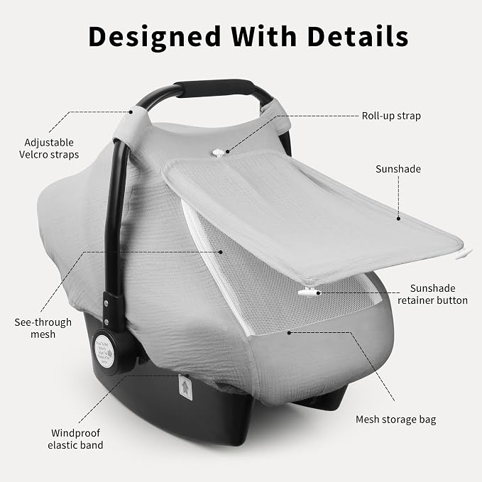 Rquite Car Seat Cover Baby, Carseat Covers Girl Boy, Breathable Muslin Cotton, Large Mesh Window, Infant Car Seat Canopy Baby Carrier Cover Stroller Sun Shade for Summer & Hot Day, Grey
