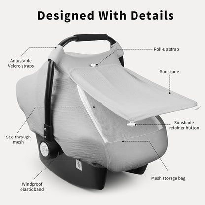 Rquite Car Seat Cover Baby, Carseat Covers Girl Boy, Breathable Muslin Cotton, Large Mesh Window, Infant Car Seat Canopy Baby Carrier Cover Stroller Sun Shade for Summer & Hot Day, Grey