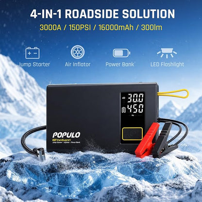 POPULO Car Jump Starter with Air Compressor, 12V 59.2Wh Portable Booster Pack Box with 150PSI Digital Tire Inflator, Extended Smart Clamps, 3000A 4-in-1 Auto Battery Starter (All Gas/12L Diesel)