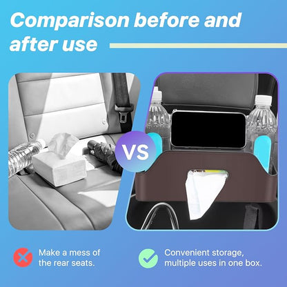 Car Seat Back Organizer, 3-in-1 Vehicle Backseat Storage Box with Cup Holder Tissue Box Trash Bin & Hooks, Multifunctional Auto Interior Headrest Organizer, Universal for SUV RV Truck (Brown)