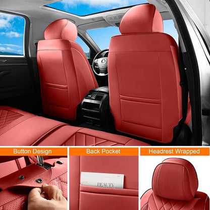 Burgundy Red Car Seat Covers Full Set, Luxury Faux Leather Red Seat Covers for Cars Front and Back Seats Protector, Waterproof Full Wrapped Covers Universal Fit for Most Cars Sedans SUVs