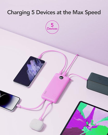 VRURC Portable Charger, Built-in 4 Cables Power Bank 10000mAh, Lightweight USB C Portable Phone Charger, 5 Output 2 Input Compatible with Smart Phones,Samsung,Android etc-Purple(1 Pack)